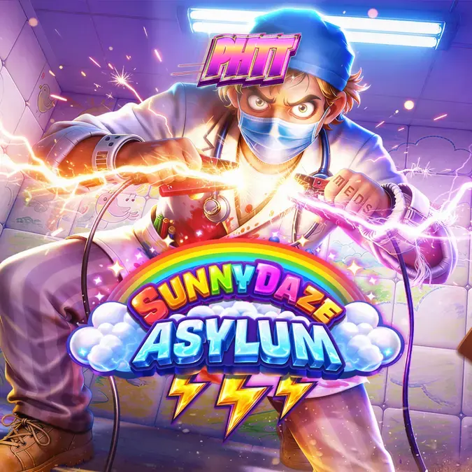 Isang visual na representasyon ng Sunnydaze Asylum slot na may temang asylum at makukulay na disenyo.